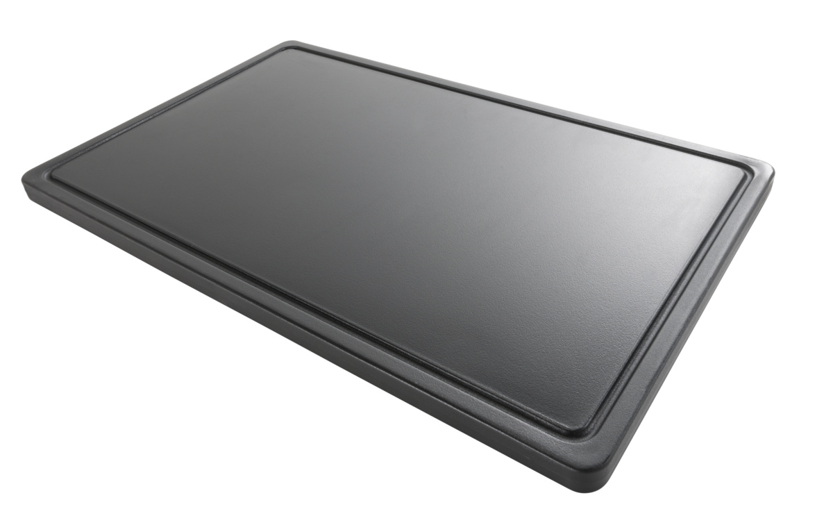 Schneidebrett aus hochdichtem Polyethylen (HDPE) schwarz 53x32,5 cm GN 1/1 mit Saftrille nicht wendbar Pro.cooker